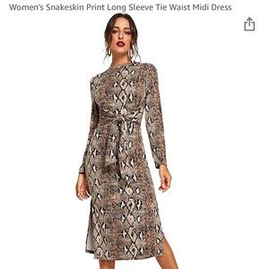 Snakeskin Print Long Sleeve Tie Waist Midi Dress L